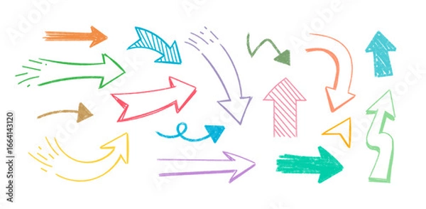 Fototapeta Arrows colorful vector set, Hand drawn Color Arrows, doodle decorative direction pointers , element for design collection	