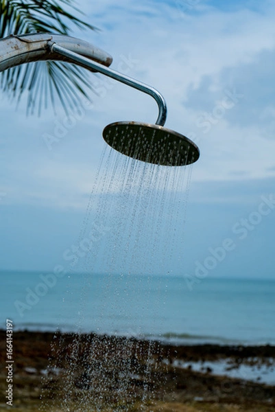 Obraz Tropical beach paradise outdoor shower with palm trees and sea views
