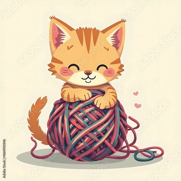 Obraz Cute Kitten Playing with Yarn Ball Illustration Art