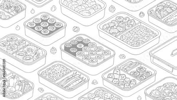 Obraz Thin Line Vector Set Featuring Japanese Bento Boxes, vector