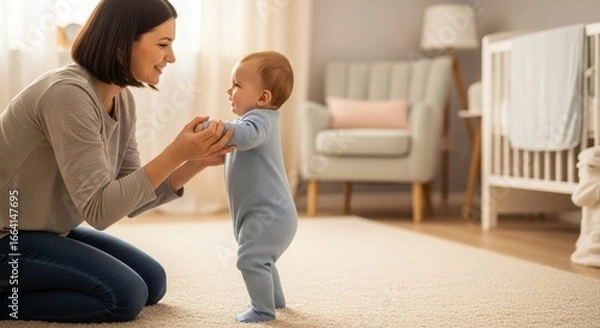 Fototapeta Tender moment as a caring mother guides her smiling baby learning to stand in a bright, comfortable nursery