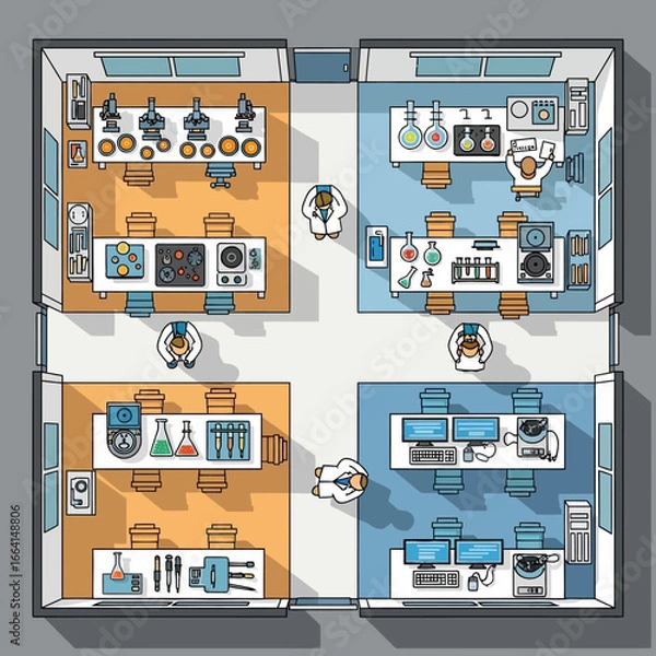 Fototapeta Conceptual illustration of a scientific laboratory floor plan with researchers and equipment working with advanced technology