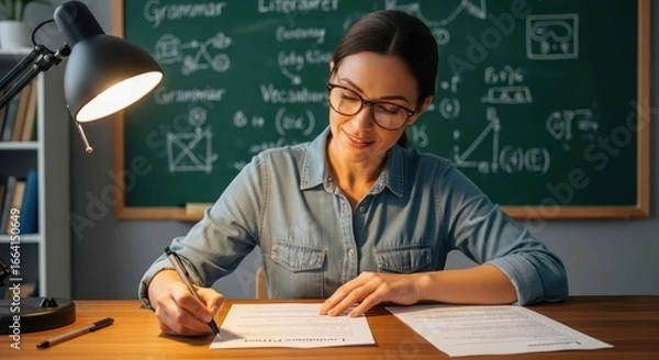 Fototapeta Dedicated teacher in glasses diligently grading student papers at her desk, with a chalkboard full of educational notes