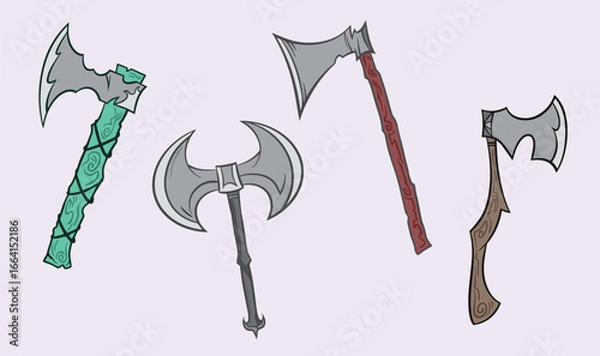 Fototapeta Four hand Axe tool or weapon colorful illustration with various shapes isolated on horizontal plain background.