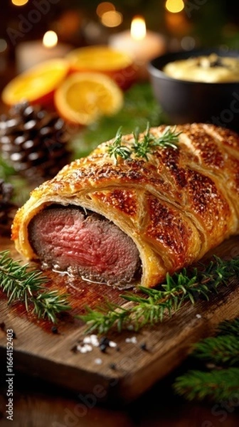 Fototapeta Perfectly cooked beef Wellington served on a rustic wooden board surrounded by festive decorations