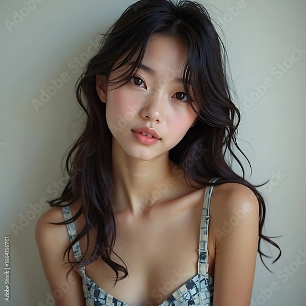 Obraz Portrait of Young Woman with Flowing Dark Hair in Printed Sundress