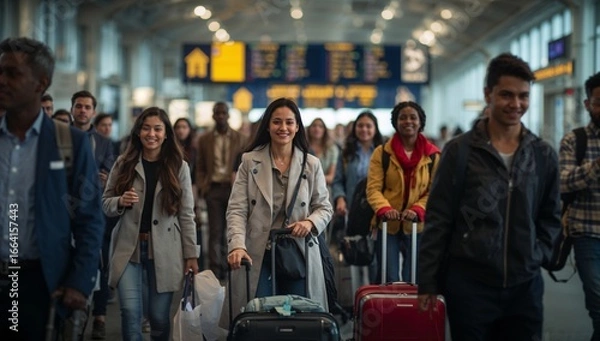 Fototapeta Group of travelers featuring suitcases walking through the crowded airport arrival hall under bright indoor lighting, captured from a front-facing perspective with a lively atmosphere