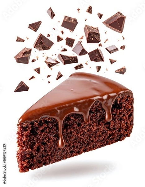 Fototapeta Chocolate cake slice with flying pieces