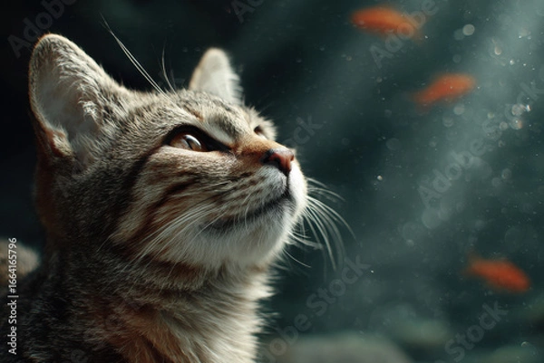 Obraz curious cat gazes intently at ar fish floating in midair captivated by colorful display