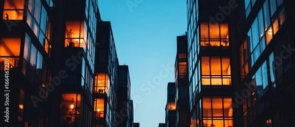 Fototapeta Dark buildings frame a clear blue sky, with warmly lit windows at dusk in the city