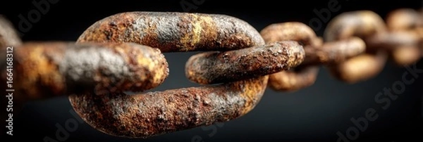 Obraz Close-up view of a weathered, rusty chain link highlighting texture and decay in industrial setting during low light