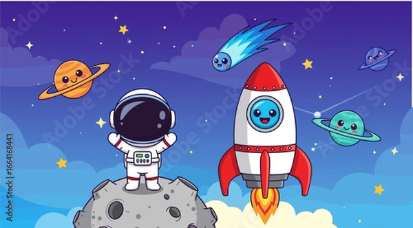 Fototapeta Adorable astronaut exploring space with planets and rocket creating fun educational illustrations for kids