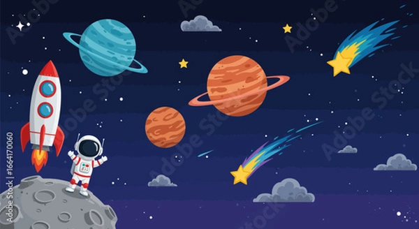 Fototapeta Excited astronaut with rocket explores vibrant planets, stars, and comets in outer space adventure