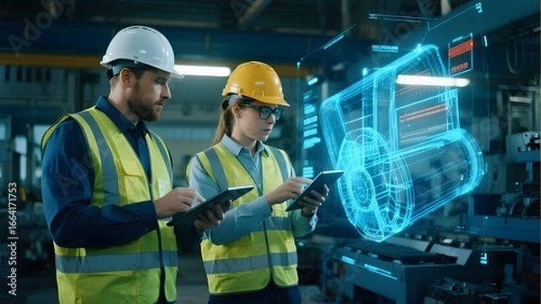 Obraz Engineers in a factory analyze a holographic mechanical component using tablets.