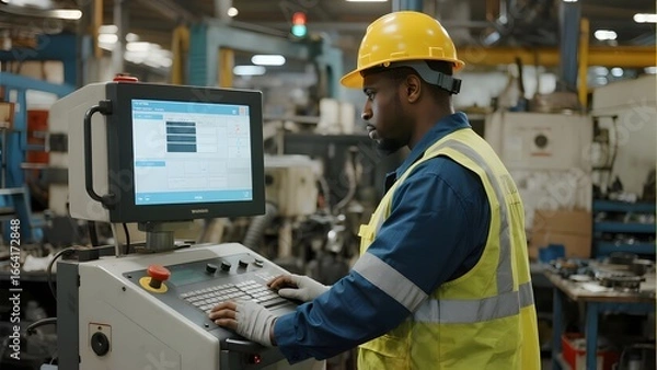 Fototapeta Worker operating a control panel in an industrial factory setting