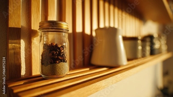 Fototapeta Spice jar on a wooden shelf.