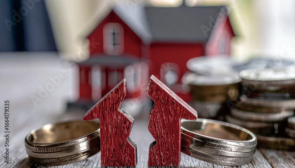 Obraz Divorce Property Division with Broken House Symbol, Wedding Rings, and Money Assets