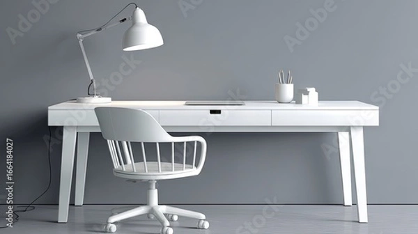 Fototapeta White desk and chair in a modern workspace.