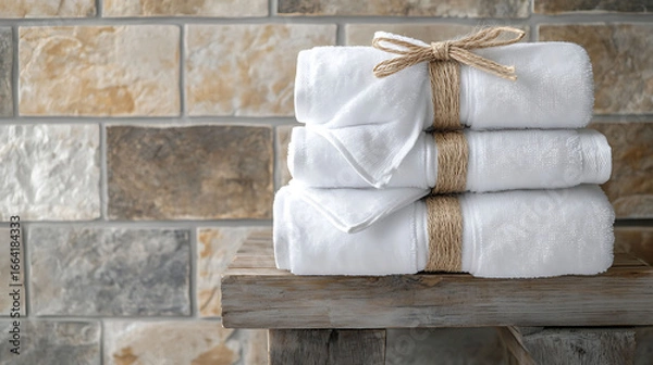 Fototapeta Plush white towels tied with jute string on a rustic reclaimed wood table, neutral stone-tile backdrop, composition with empty upper-left area for text