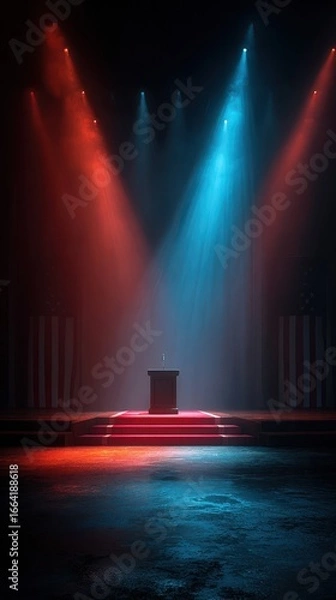 Fototapeta Stage prepared for a political debate with dramatic lighting and podium set at an indoor venue in the evening