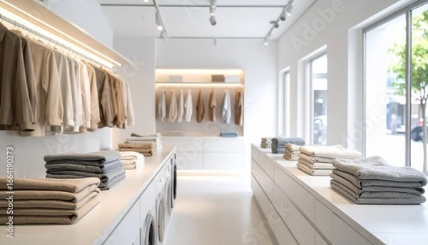 Fototapeta Minimalist Laundry Shop Interior Design - Neat Folded Clothes - Modern Style