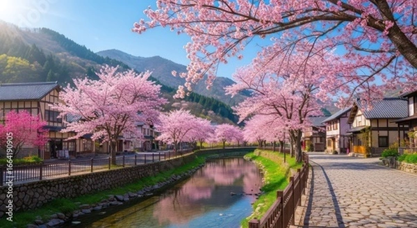 Obraz Tranquil Japanese Village Scene with Cherry Blossoms Reflecting in River