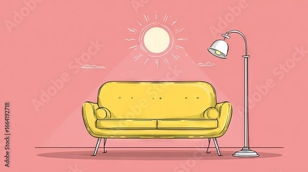 Fototapeta Yellow couch and floor lamp in a room.
