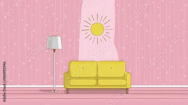 Fototapeta Yellow sofa in a pink room with a floor lamp.