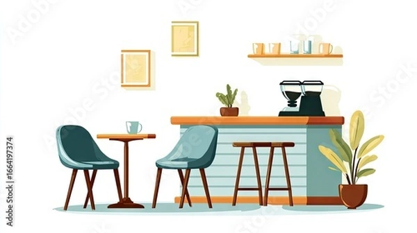 Fototapeta Interior design of a cozy cafe with a small table and chairs.