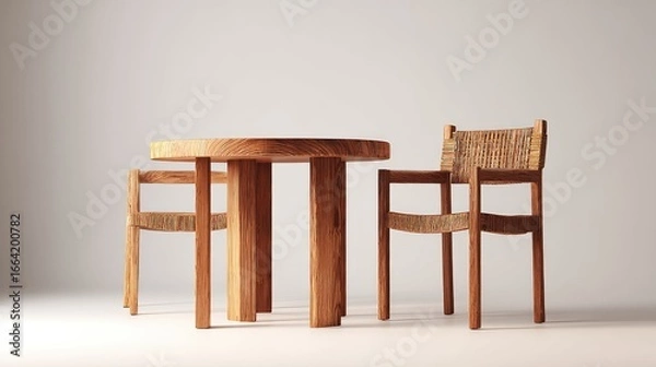 Fototapeta Wooden table and chairs in a minimalist setting.