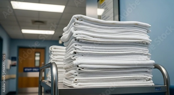 Fototapeta Stack of Clean White Towels on a Laundry Cart in a Hospital Hallway.