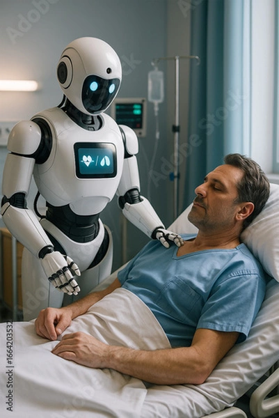 Fototapeta An advanced service robot provides attentive and compassionate assistance to a male patient recovering in a hospital bed, symbolizing the evolving landscape of AI in healthcare