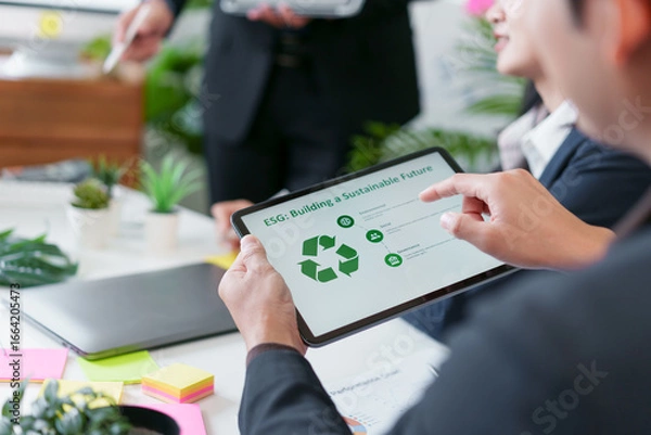 Fototapeta Businessman holding tablet with ESG building sustainable future concept, green recycle symbol, teamwork, office, environmental responsibility, and modern technology