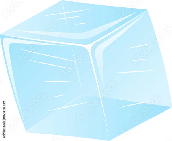 Fototapeta Illustration of translucent ice cube with sharp edges and realistic reflections, floating on a clean background. Ideal for food and drink designs.
