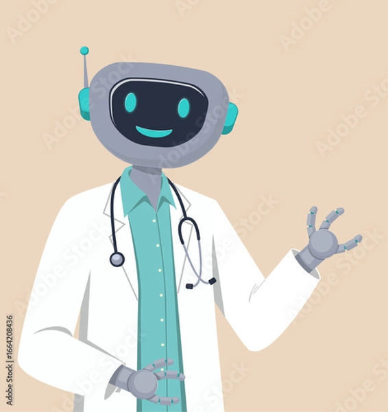 Fototapeta Illustration of smiling robot doctor in a white lab coat with a stethoscope. The futuristic character represents digital healthcare, innovation, and medical assistance.