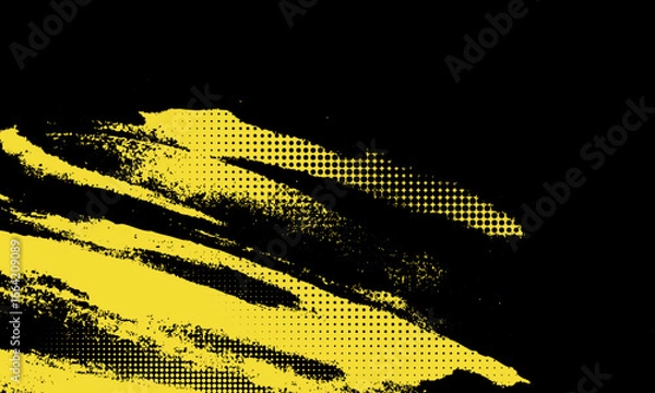 Fototapeta Illustration of dynamic yellow grunge brush strokes combined with halftone dot texture on a black background. Bold and energetic composition ideal for modern design elements and backdrops.