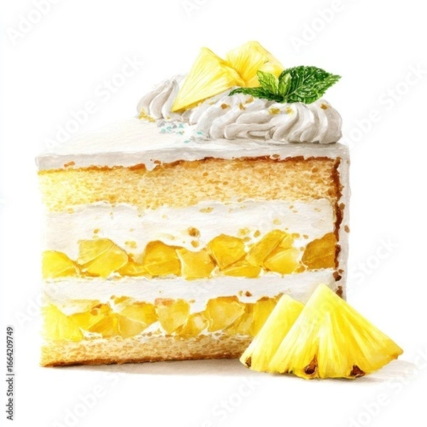 Obraz Pineapple cake slice, creamy frosting