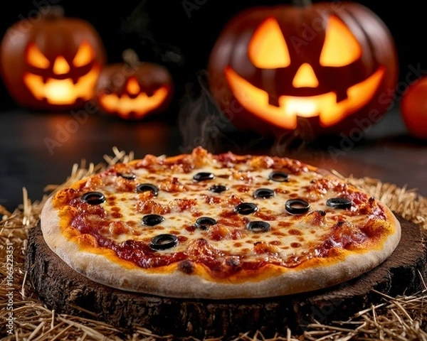 Obraz Halloween party pizza funny scary food background. Fe. Spooky gathering flatbread comical frightful cuisine backdrop. autumnal celebration themed snack holiday feast creepy decoration