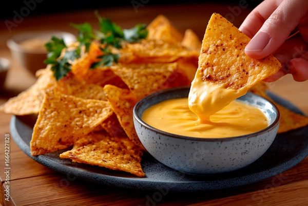 Obraz Hand dipping nachos into cheese sauce