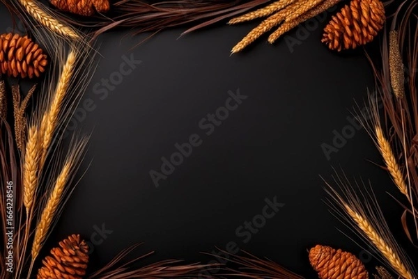 Fototapeta Thanksgiving frame border black background with ornam. Autumnal harvest edging dark backdrop decorative element holiday thankful occasion rectangular shape picture surround design