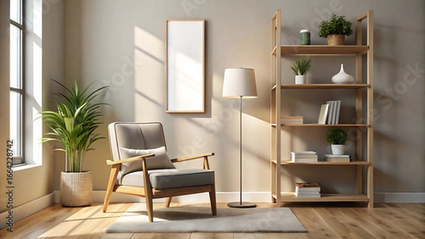 Fototapeta Minimalist Reading Nook Mockup With Tall Vertical Poster Frame Design 