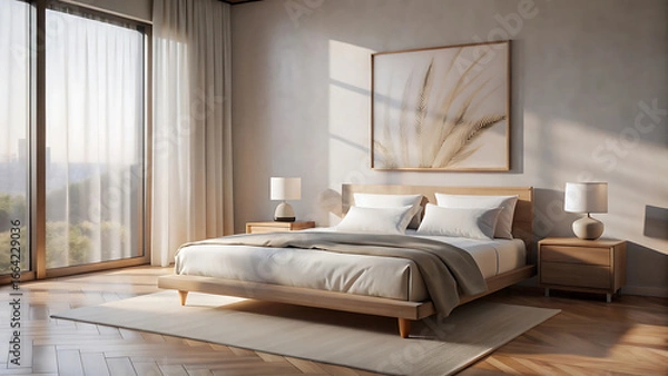 Obraz Neutral Toned Bedroom Mockup With Minimalist Frame Contemporary Artwork 