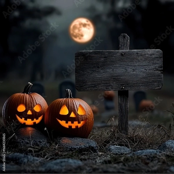 Fototapeta A spooky Halloween scene features a skeleton holding a blank wooden sign in a graveyard at night illuminated by jack o lanterns. Eerie autumn backdrop bony figure clutches empty timber