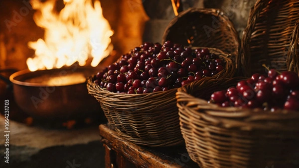 Fototapeta France Homemade Jam Making Process with Fresh Farm Fruits in Rustic Kitchen Setting for Culinary Blogs, Food Education, Eco Awareness and Seasonal Design Projects, busket with berries, busket with ber