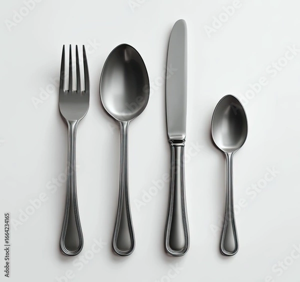 Fototapeta A set of silver cutlery, arranged on a plain white background
