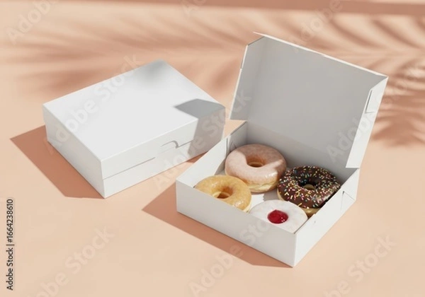 Obraz Blank white cardboard box mockup for donuts showcasing assorted glazed donuts in soft warm light and shadows