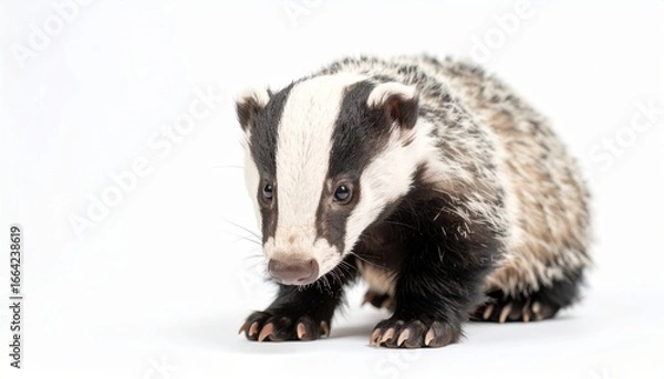 Obraz European badger with striped face and coarse fur on white background.