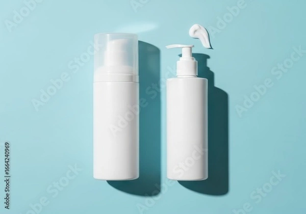 Fototapeta Mockup of blank white cosmetic containers light source pastel blue background