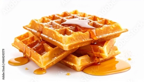 Obraz Stacked golden waffles with syrup dripping on white surface.
