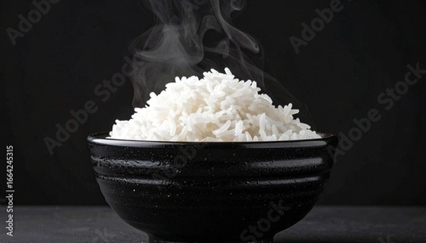 Obraz Steaming white rice in black bowl on dark background.